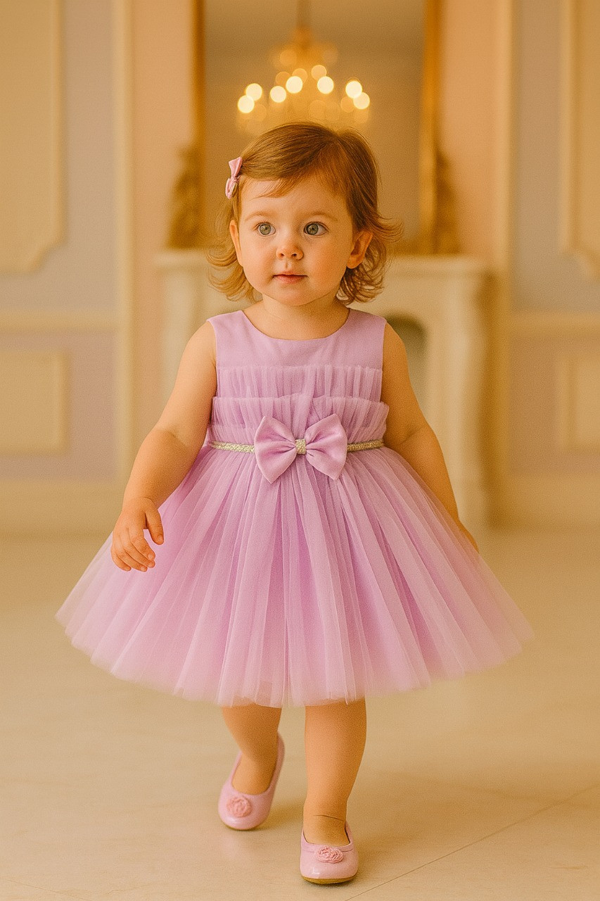 Blabber Net Woven Sleeveless Party Frock With Bow Applique & Booties