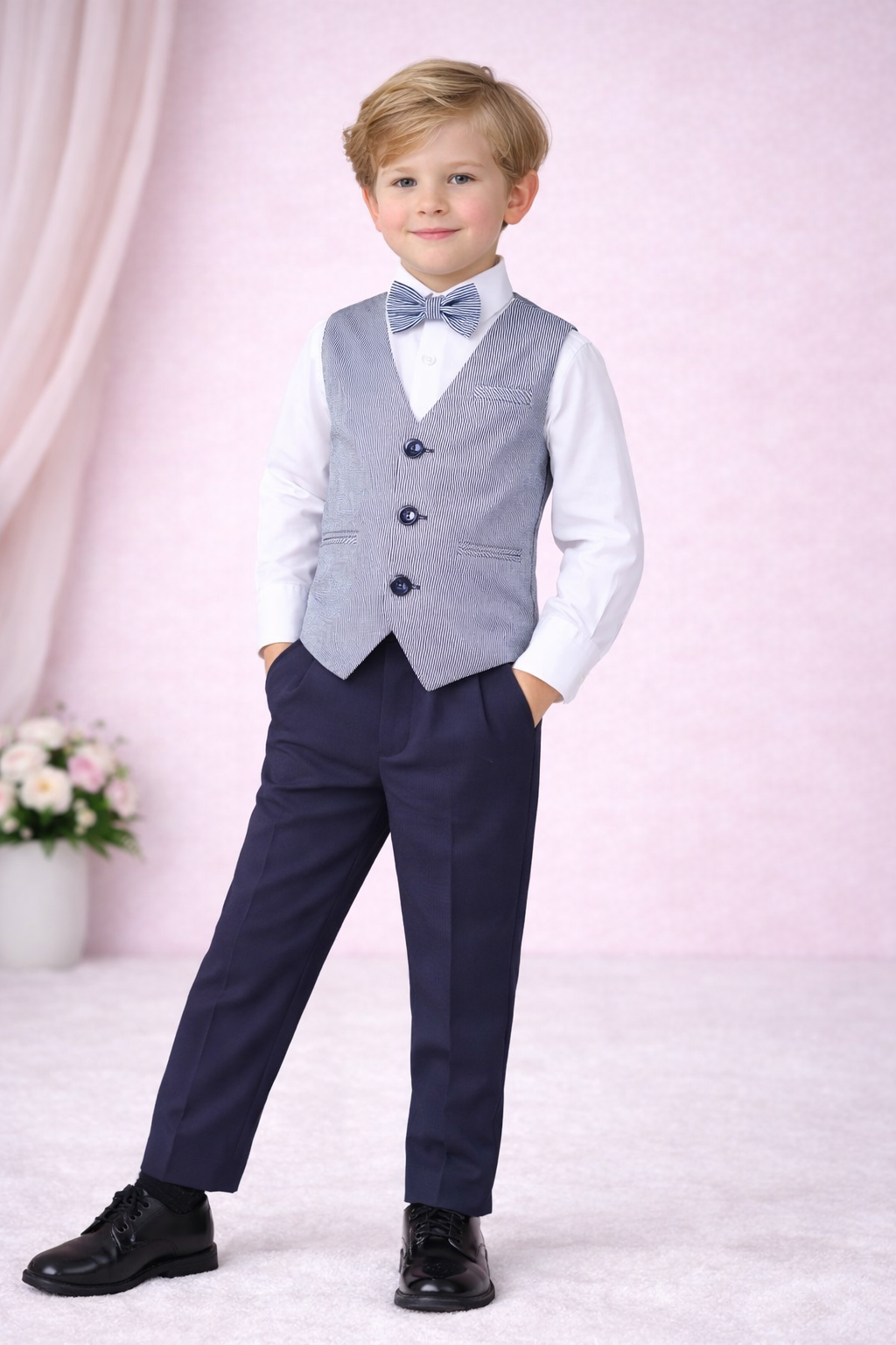 Blabber Boys Three Pcs Waist Cost, Full Sleeve Shirt, Trousee With Bow