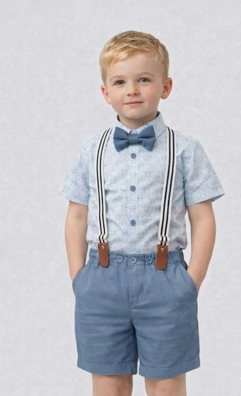 Party Wear Half Sleeve Printed Shirt , Half Pant , Suspender With Contrast Bow