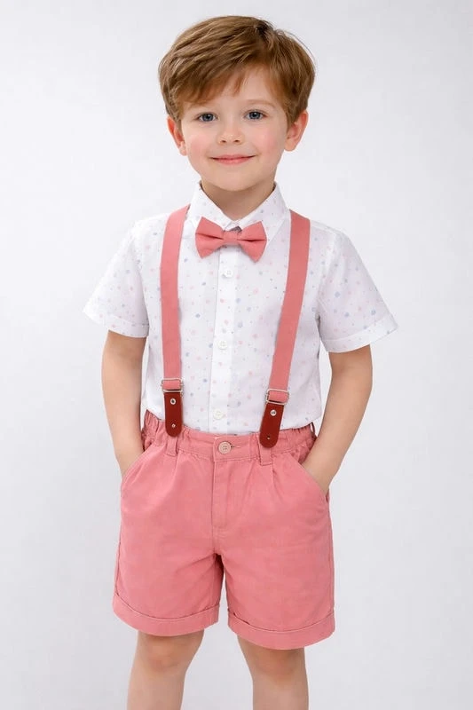 Party Wear Half Sleeve Printed Shirt , Half Pant , Suspender With Contrast Bow