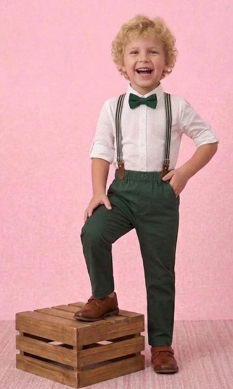 Party Wear Full Sleeve Printed Shirt , Trouser , Suspender With Contrast Bow