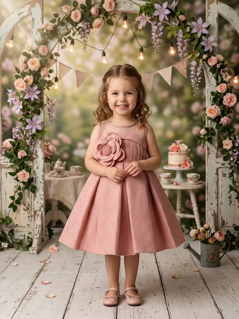 Blabber Woven Sleeveless Textured Party Wear Frock with Floral Applique