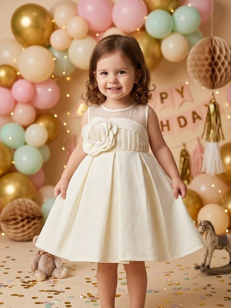Blabber Woven Sleeveless Textured Party Wear Frock with Floral Applique