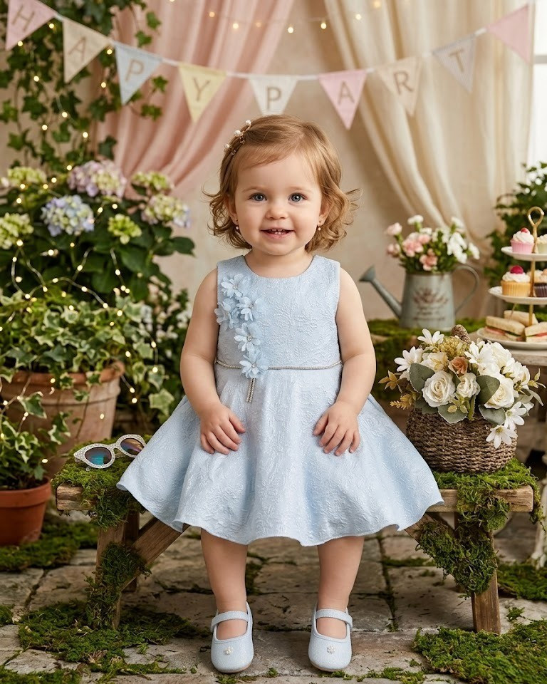 Blabber  Woven Sleveless Party Dress with Floral Embroidery Detailing & Booties