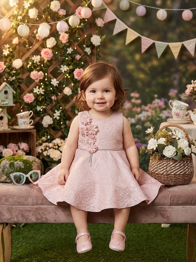 Blabber  Woven Sleveless Party Dress with Floral Embroidery Detailing & Booties