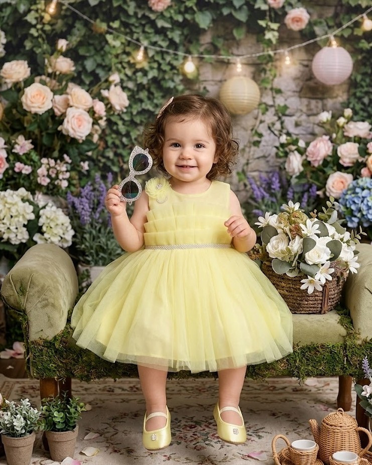 Blabber Woven Sleeveless Party Frock With Floral Applique & Booties