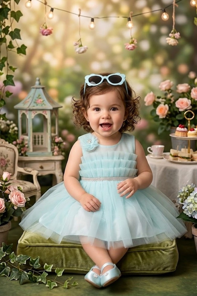 Blabber Woven Sleeveless Party Frock With Floral Applique & Booties