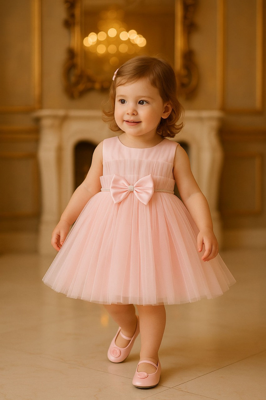 Blabber Net Woven Sleeveless Party Frock With Bow Applique & Booties