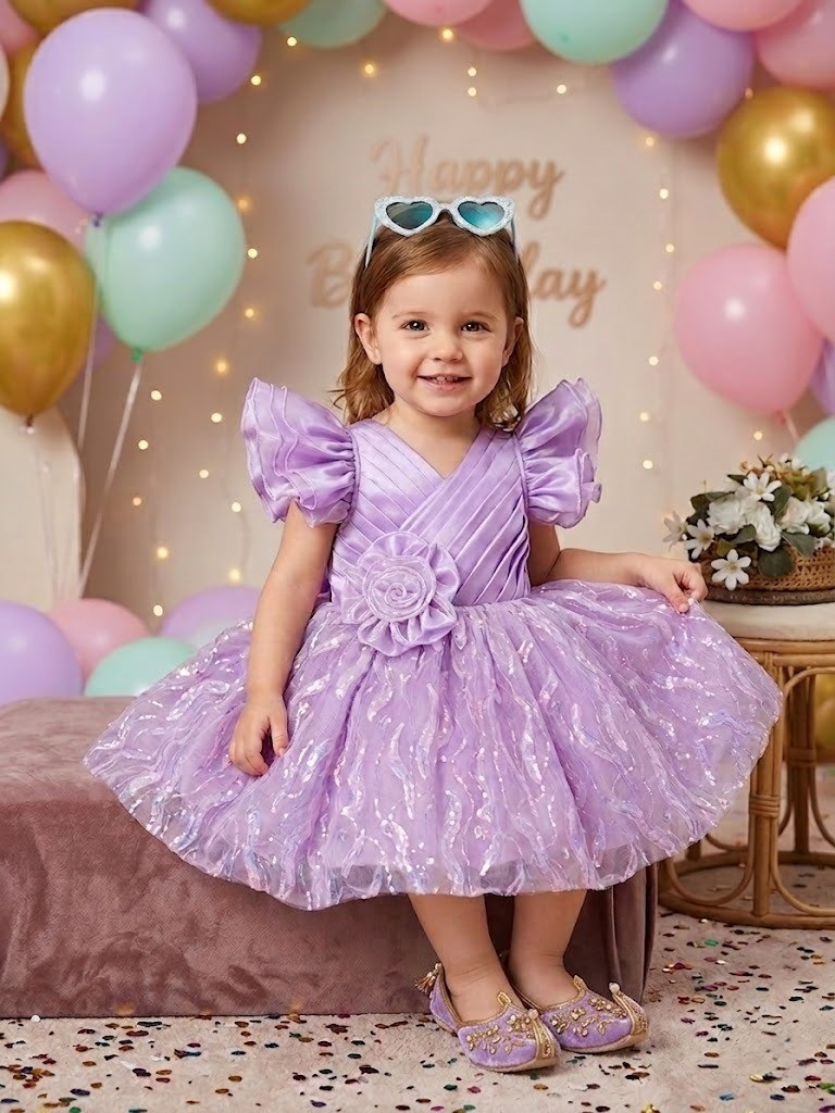 Blabber Woven Sleeveless Party Frock With Floral Corsage & Sequin Detailing  - Lavender