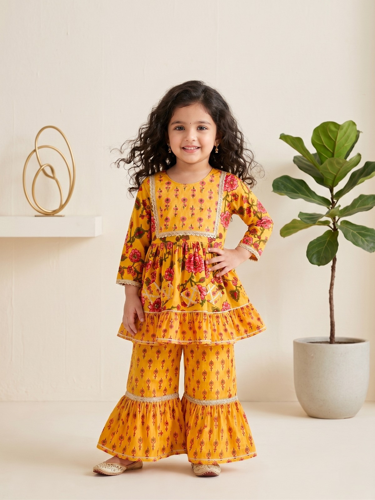 Blabber Printed Cotton Girls Ethnic Wear Three-Four-Sleeve Kurti and Ghagra