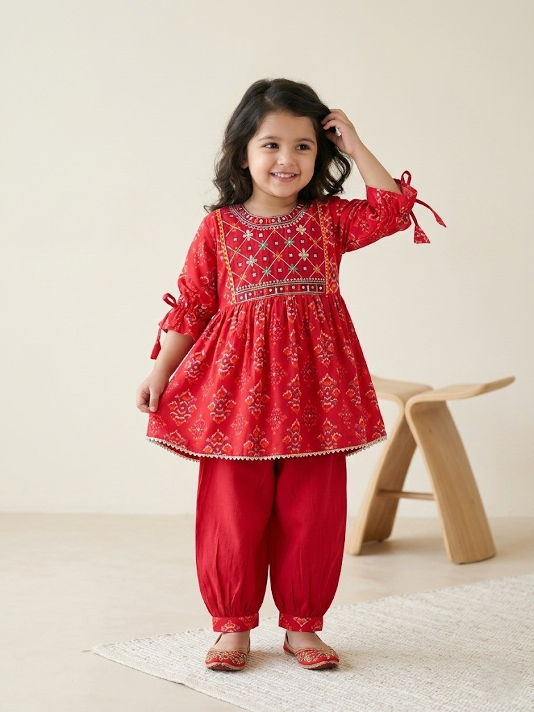 Blabber Printed Cotton Girls Ethnic Wear Three-Four-Sleeve Kurti and Ghagra