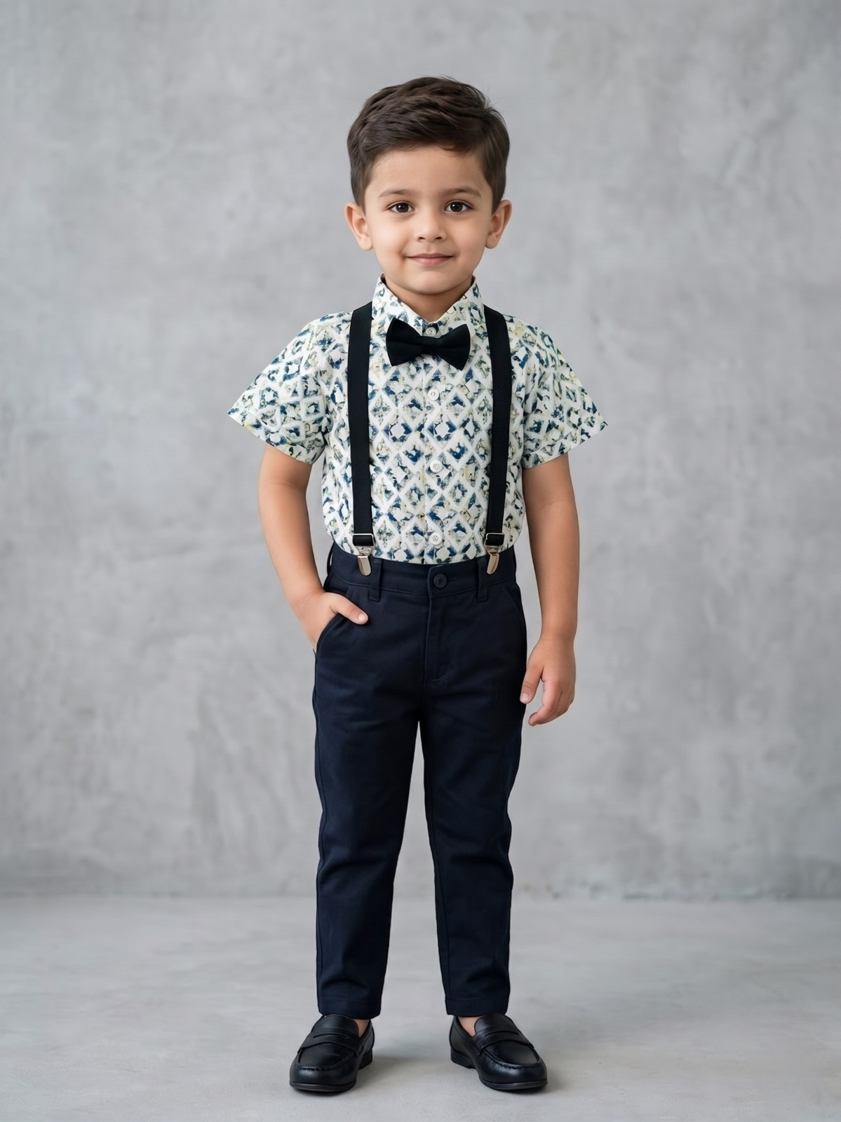 Party Wear Half Sleeve Printed Shirt suspender , Trouser With Contrast Bow