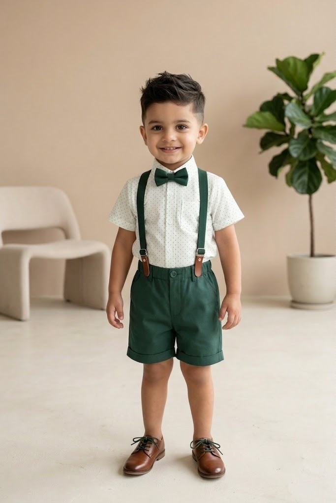 Party wear Half Sleeve Printed Shirt , half Pant , Suspender With Contrast Bow
