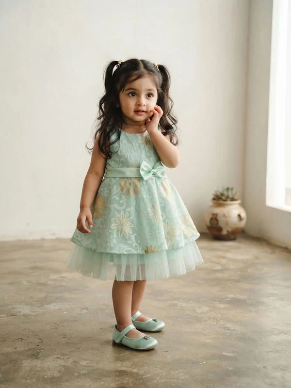 Blabber Woven Sleeveless Party Frock With Floral Applique & Embroidery  With Booties