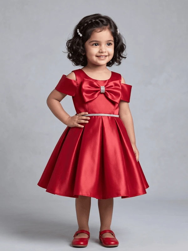Blabber  Satin Woven Sleeveless Party Frock With Bow Applique