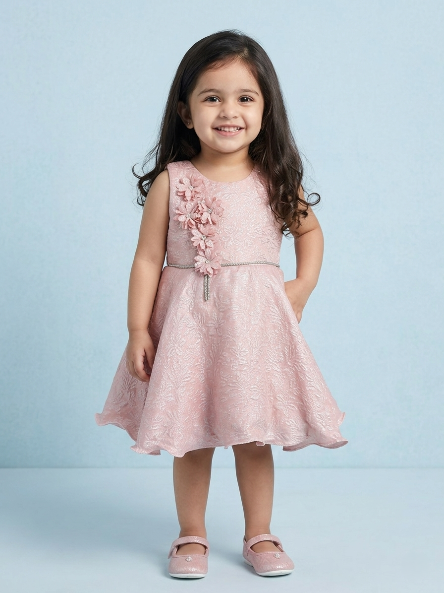 Blabber  Woven Sleveless Party Dress with Floral Embroidery Detailing & Booties