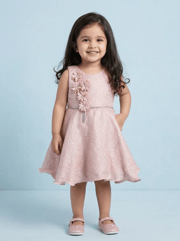 Blabber  Woven Sleveless Party Dress with Floral Embroidery Detailing & Booties